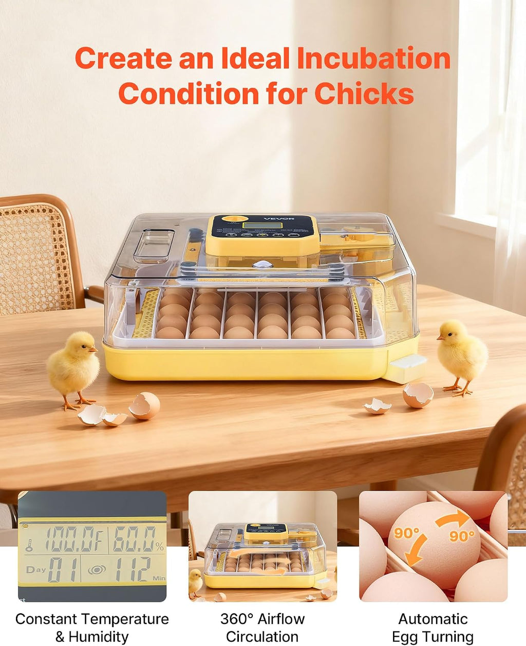 48 Egg Incubator, Automatic Egg Turner with LED Candler, Temperature Display & Auto Humidity Control, 360° View Clear