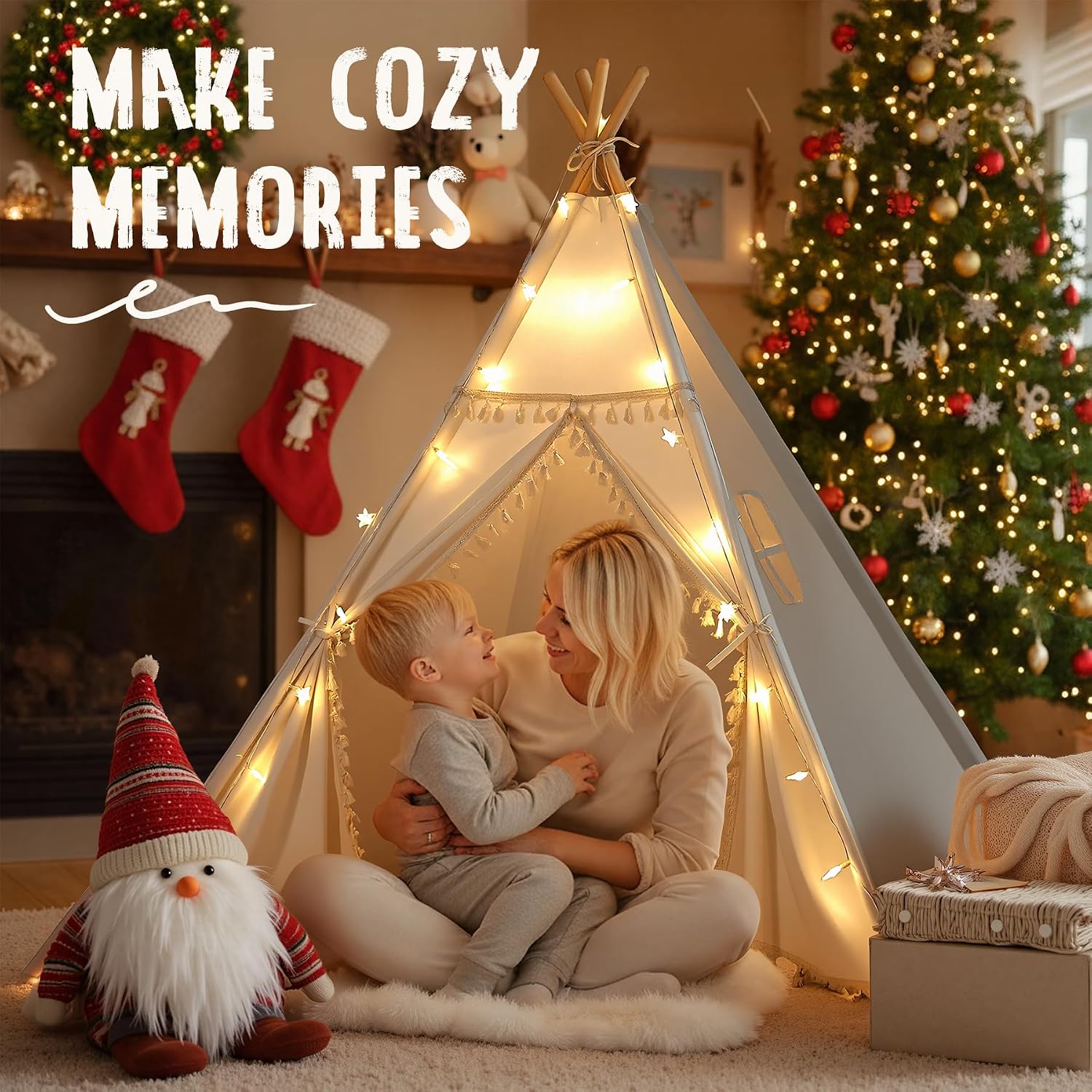 Kids Teepee Tent - Natural Canvas Playhouse with Fringe, Washable Fabric, Tipi Sleepover Tent - Perfect for Indoor &