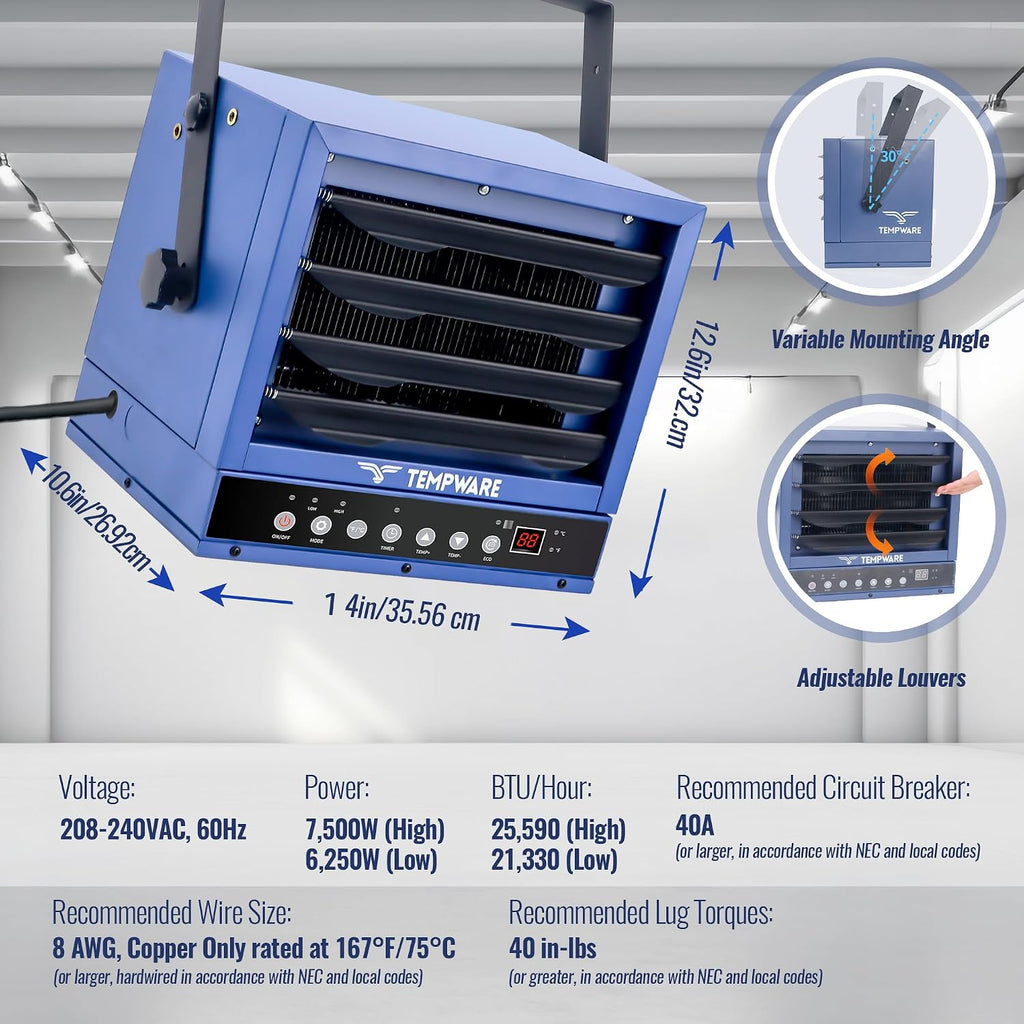 240V Hardwired Electric Garage Heater 7500W with Remote Control | Fan-Forced Shop Heater with 12H Timer, Overheat