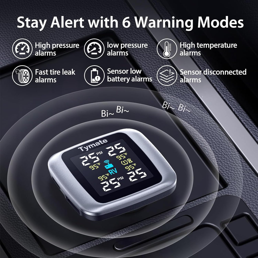 TM7 RV Tire Pressure Monitoring System, TPMS Set of 4 Sensors | Max. 5 Tires Info Monitoring, Wireless, 6 Alarm