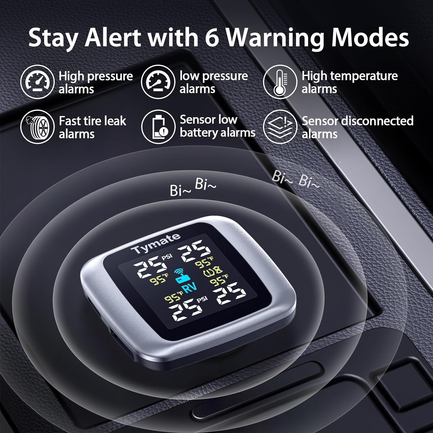 TM7 RV Tire Pressure Monitoring System, TPMS Set of 4 Sensors | Max. 5 Tires Info Monitoring, Wireless, 6 Alarm
