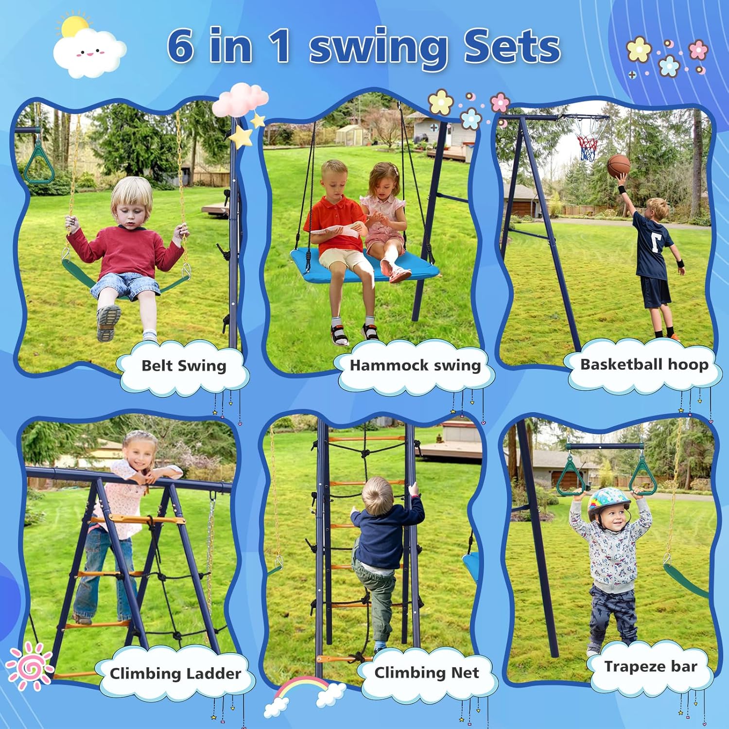 A-Frame Metal Swing Sets for Backyard, 6 in 1 Outdoor Playset with Climbing Ladder, Climbing Net, Trapeze Bar
