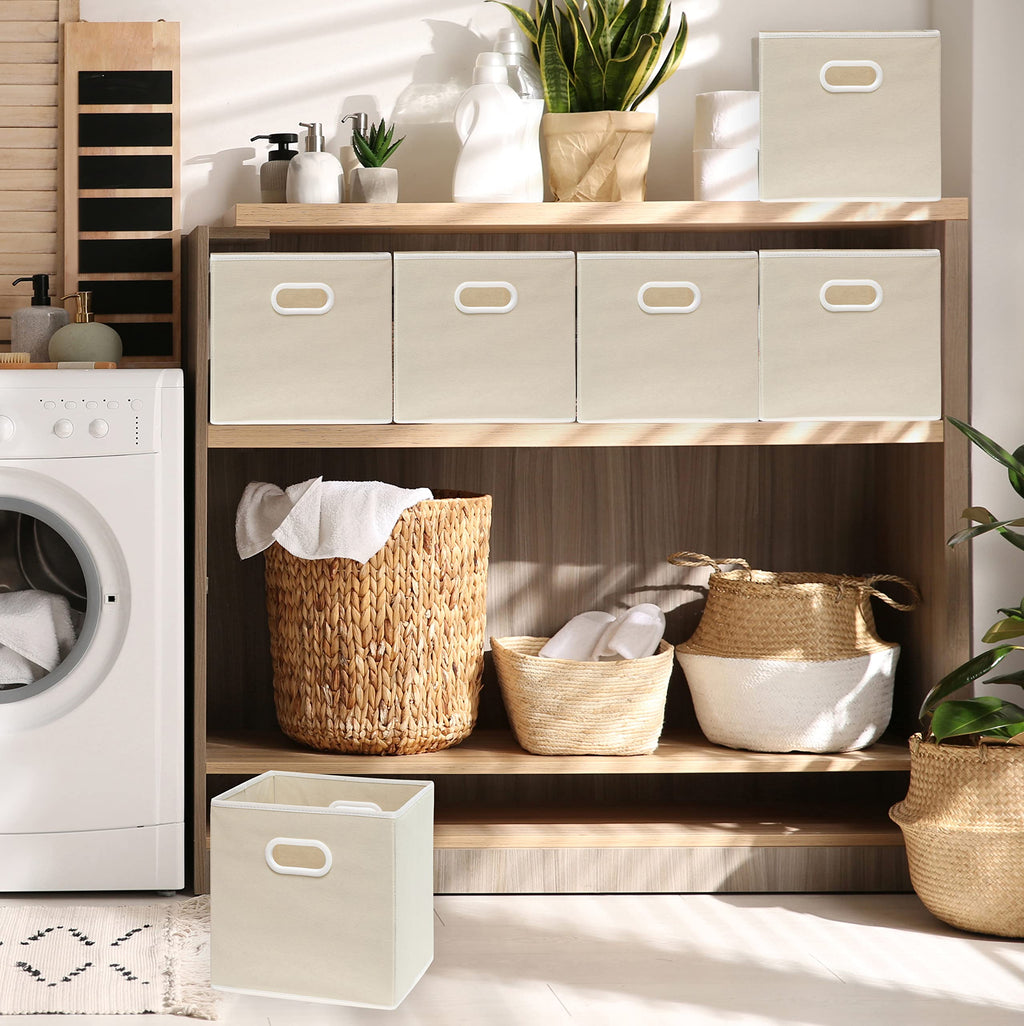11-Inch Foldable Cube Storage Bins with Handles, Beige