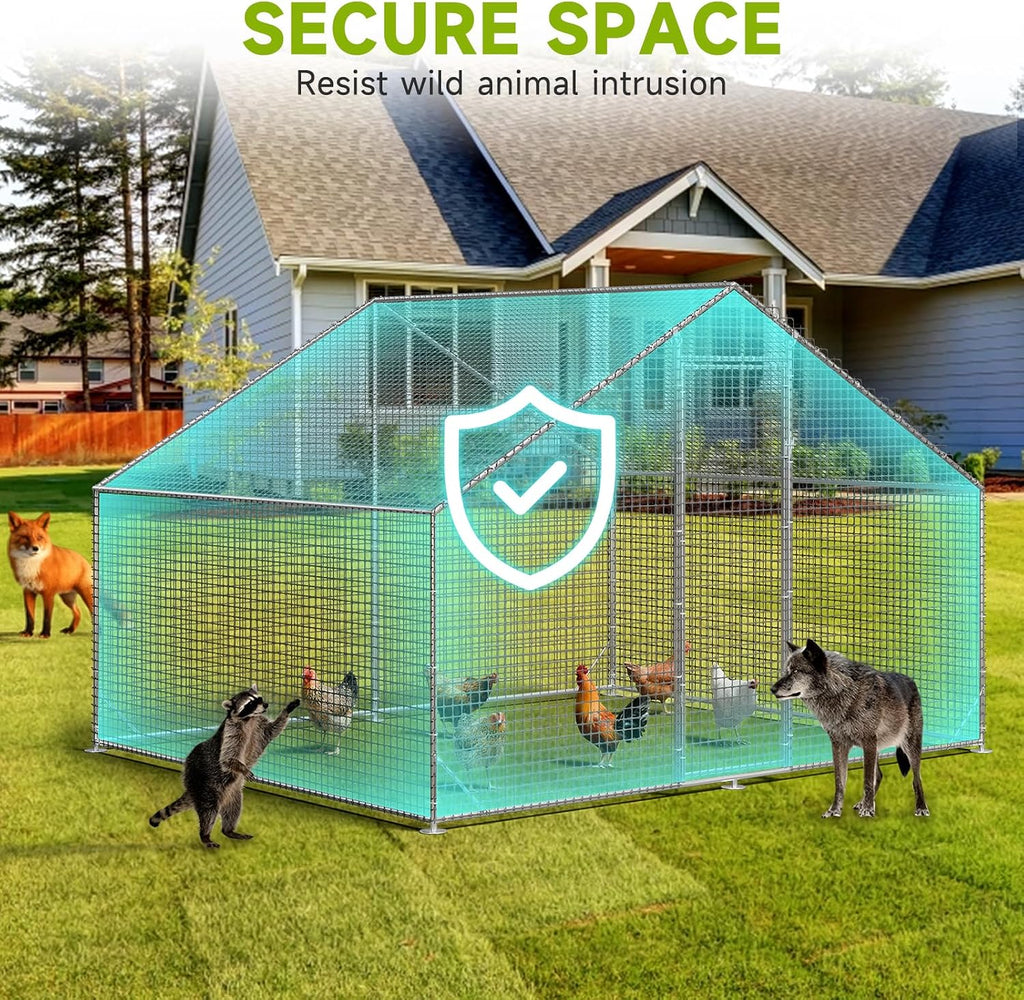 Large Walk-in Chicken Coop with Chicken Run, Galvanized Poultry Enclosure with Waterproof Anti-UV Cover and Security