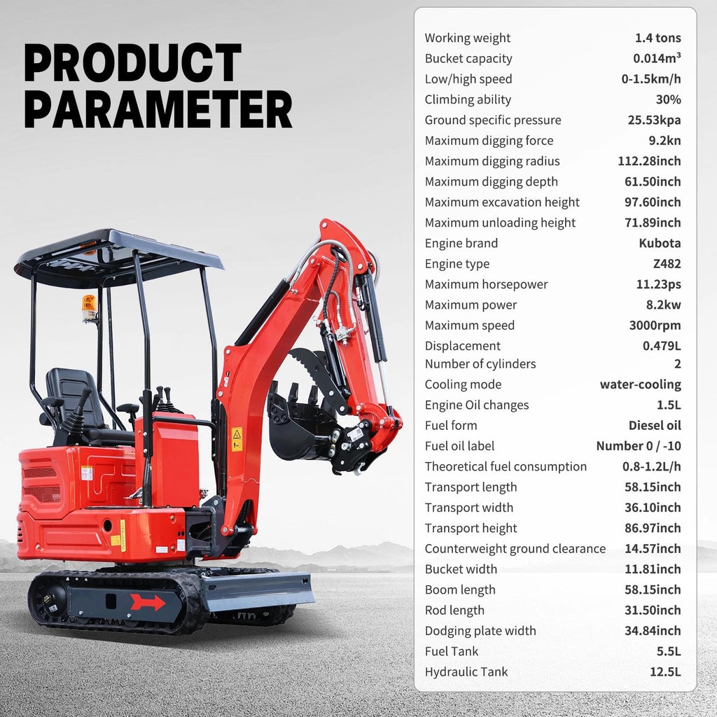 1.4 Ton Mini Excavator with Kubota-Diesel Engine (90%pre-Assembled）