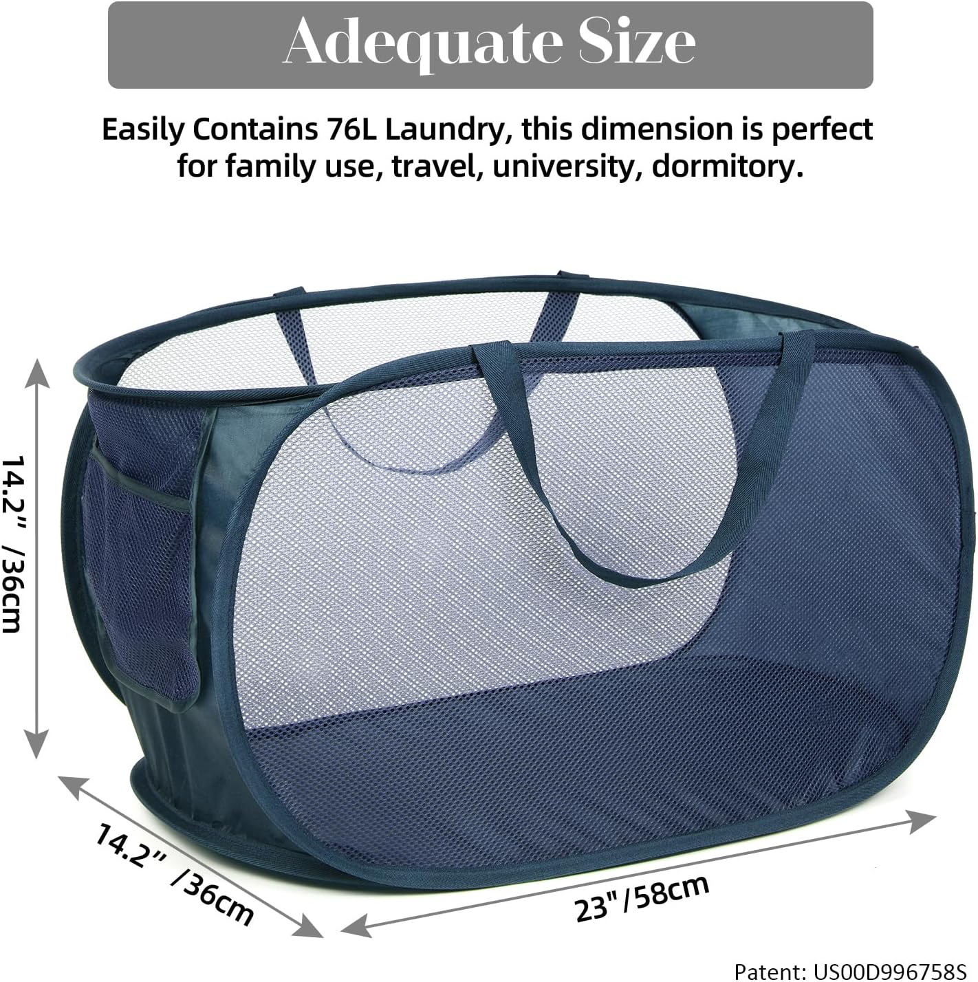 Durable Collapsible Laundry Baskets, Mesh Pop Up Laundry Hamper with Side Pocket, Foldable Clothes Storage Hamper