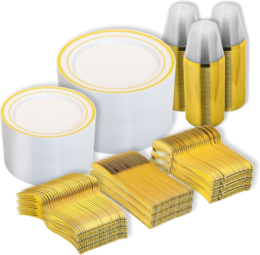 600PCS White and Gold Plastic Plates, Disposable Dinnerware Set