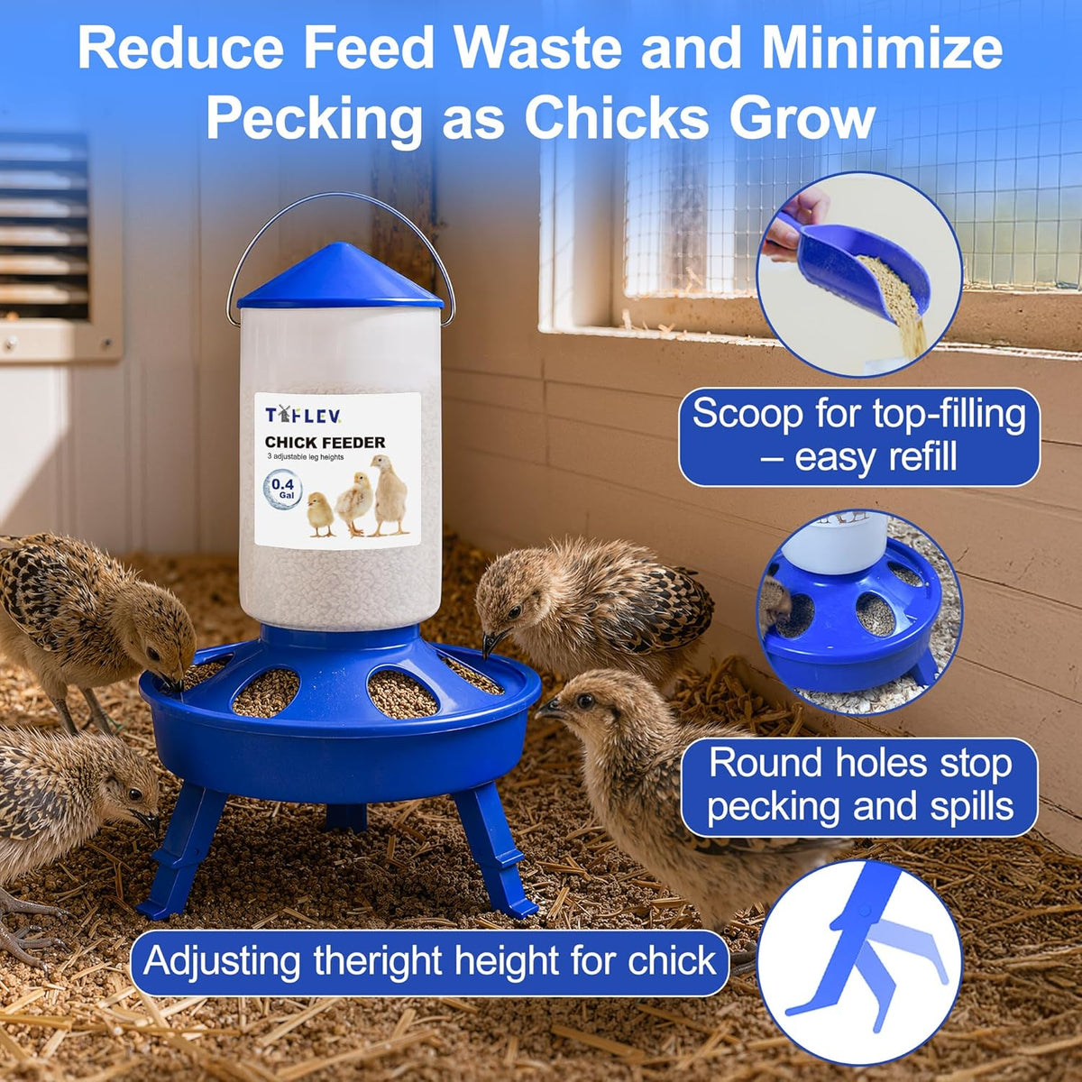 0.4Gal Top Fill Chick Feeder and 0.4Gal Chick Waterer 3 Height Scoop Blue | Chick Feeder and Waterer Set, Anti-Drown
