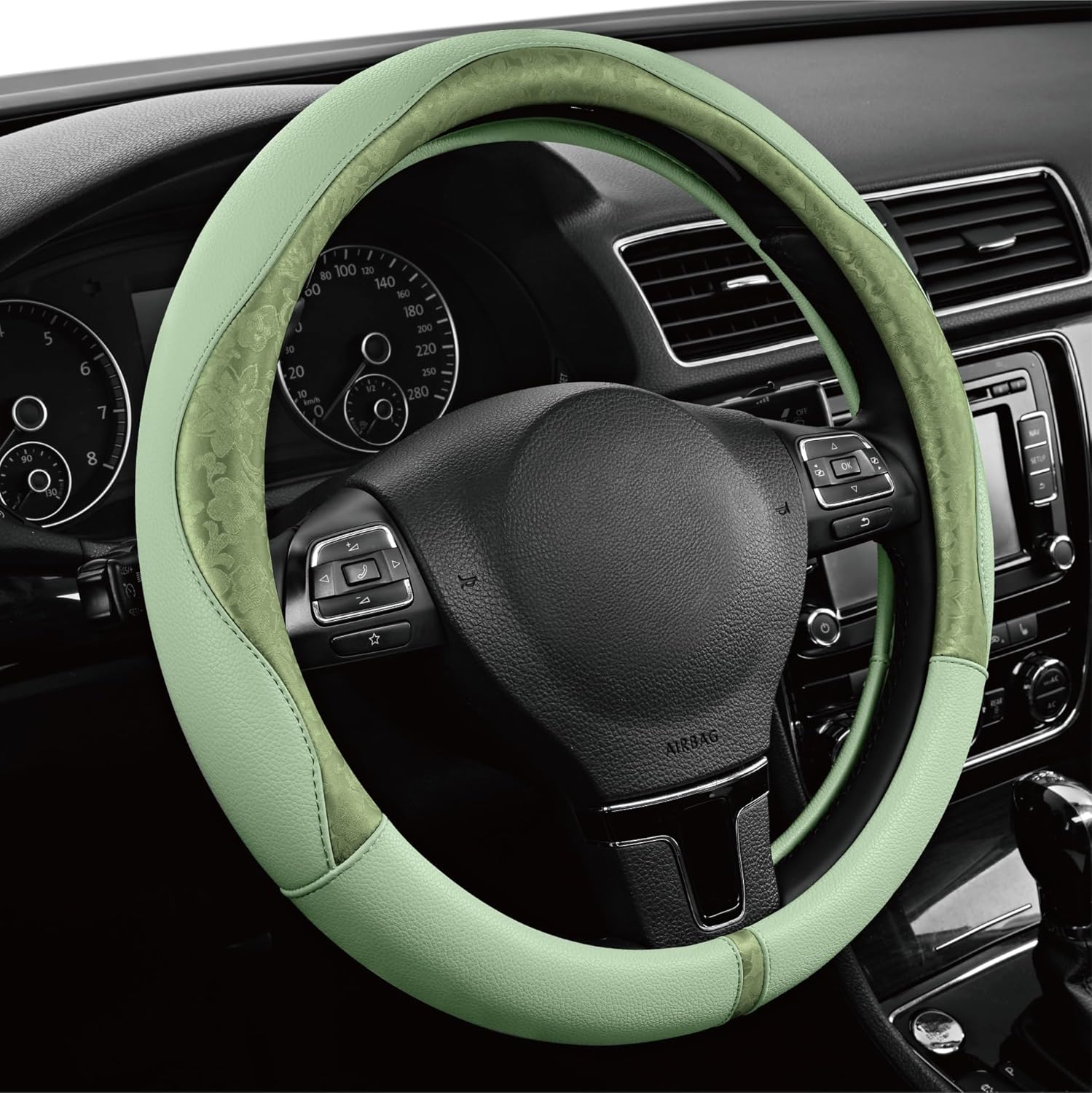 Steering Wheel Cover, Green Patterned Leather Patchwork Design, Universal Fit 14.5"–15.5", Anti-Slip, Odor-Free, Soft