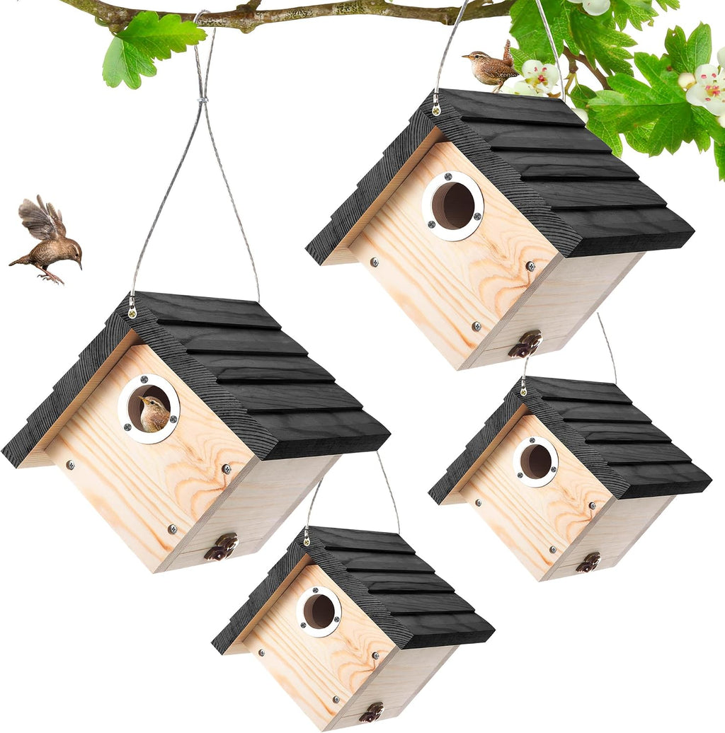 4 Pack Wren House, 1-1/8'' Entrance Hole Hanging Wooden Wren Bird Houses for Outside with Metal Guard, Air Vents