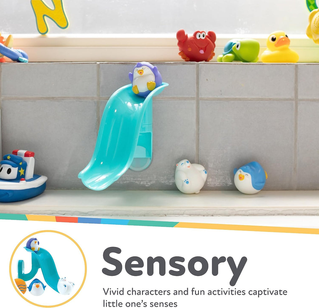 Penguin Slide Bath Toy Play Set with 4 Bath Squirters - Baby Bath Toys for Boys and Girls 12+ Months - Suction Cup