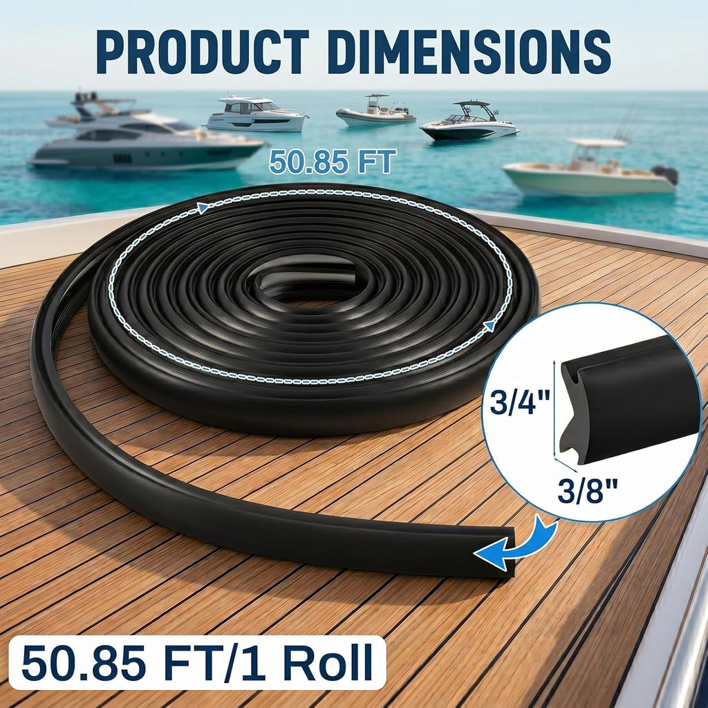 TPE Boat Rub Rail Insert, Black, 50.85 FT x 3/4 x 3/8 Inch