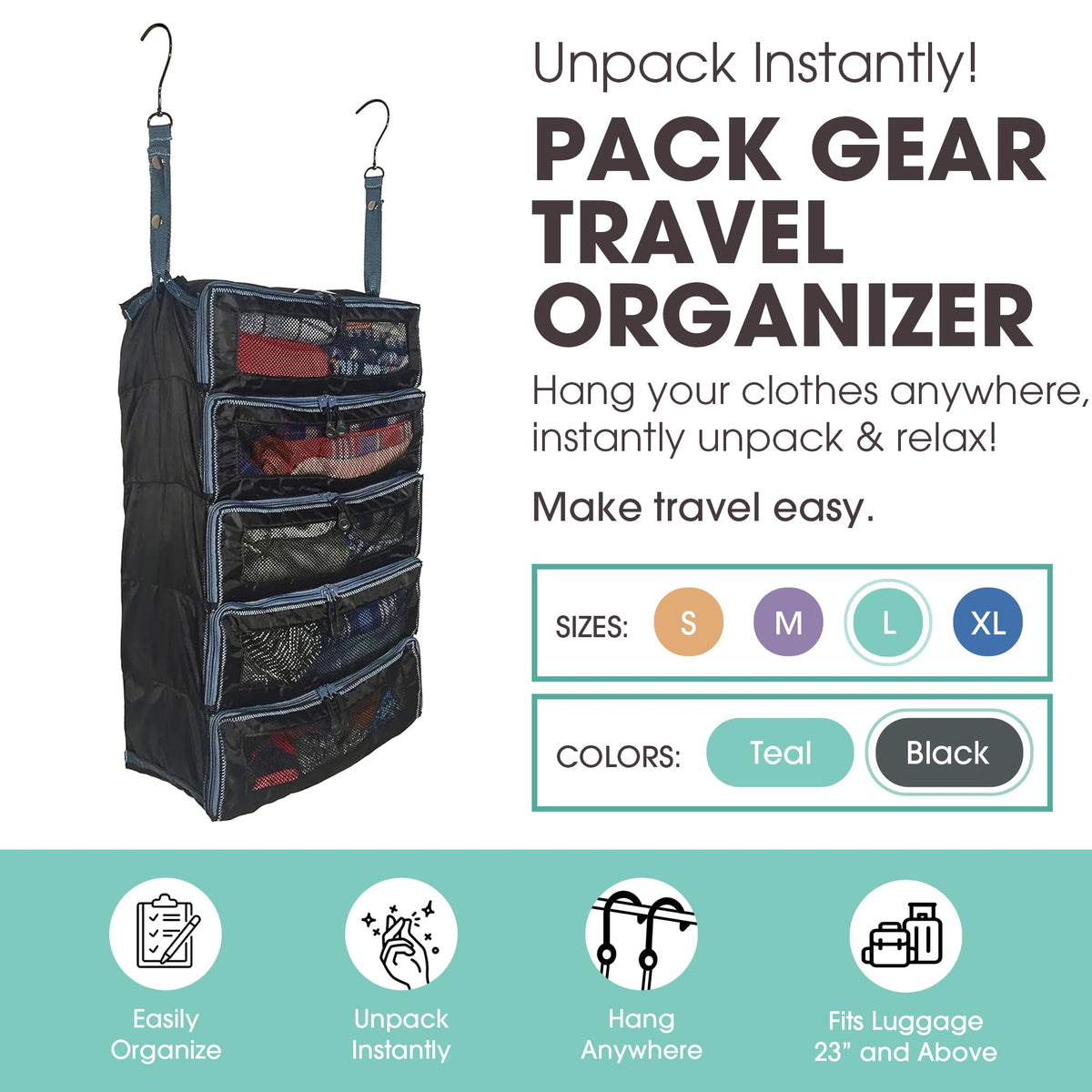 Large Hanging Suitcase Organizer with Mesh Windows, Black