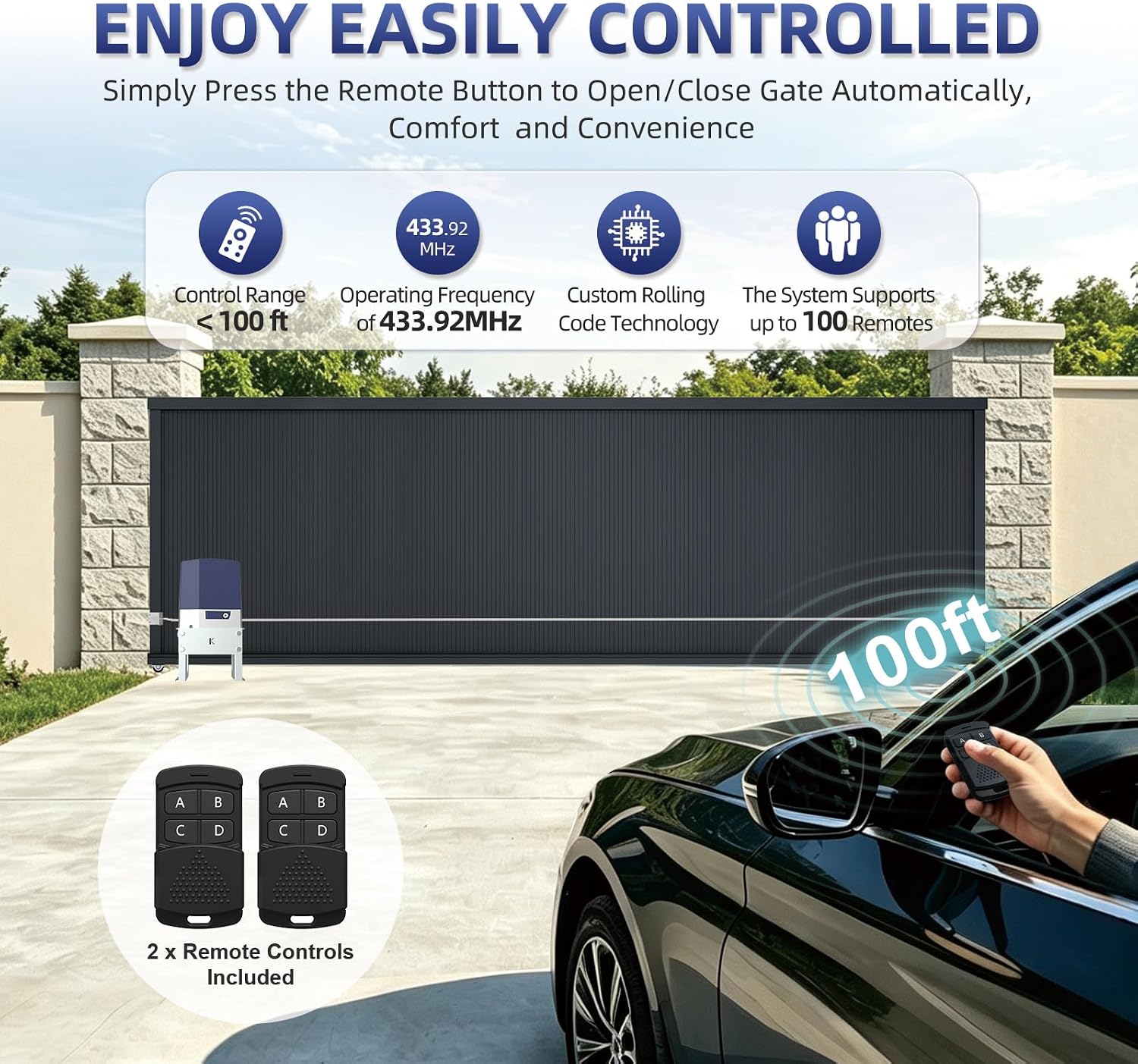 Automatic Chain Drive Sliding Gate Opener with 2 Remote Controls, 280W Electric Gate Motor for Driveway Slide Gate Up