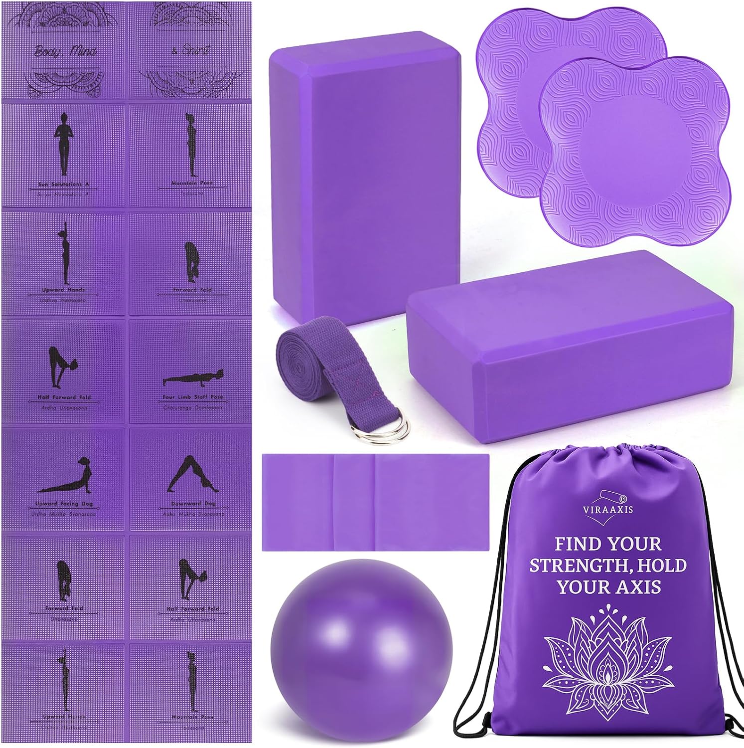 Foldable Yoga Mat and Blocks Set for Women with 2 Pack Yoga Blocks and Strap,Thin Non Slip Pilates Mat with Bag, Home