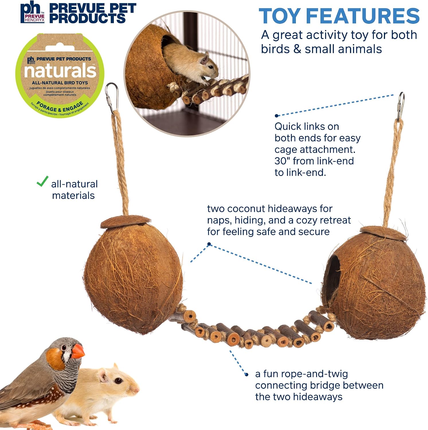 Naturals Double Coconut Walk - Small Animal & Bird Toy, 100% Natural Coconut Hideout, Climbing Bridge & Tunnel for