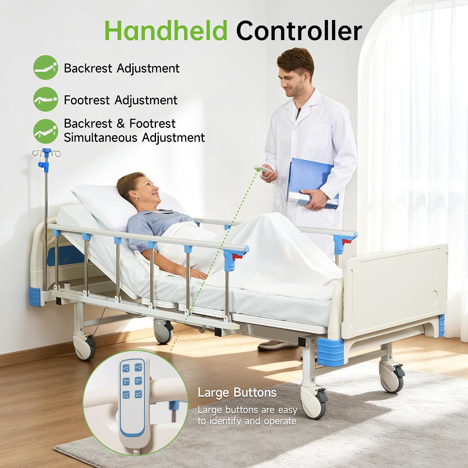 Premium 2 Function Full Electric Hospital Bed, ICU Electric Medical Bed with 4 inch Foam Mattress & IV Pole, Dining