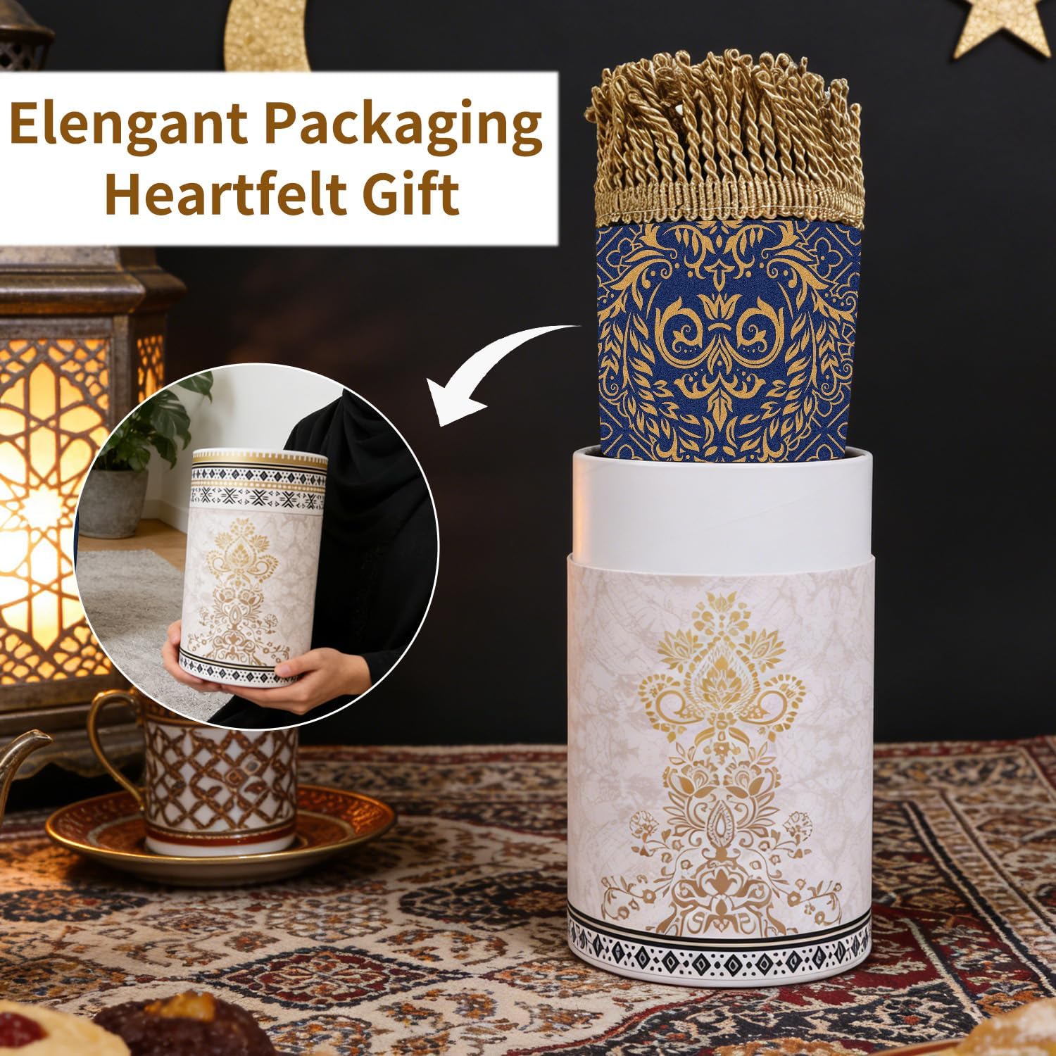 Prayer Mat Ramadan Gifts - Blue Prayer Rug Islamic Praying Tasbih Beads Compass, Muslim Praying Carpet for Men Women