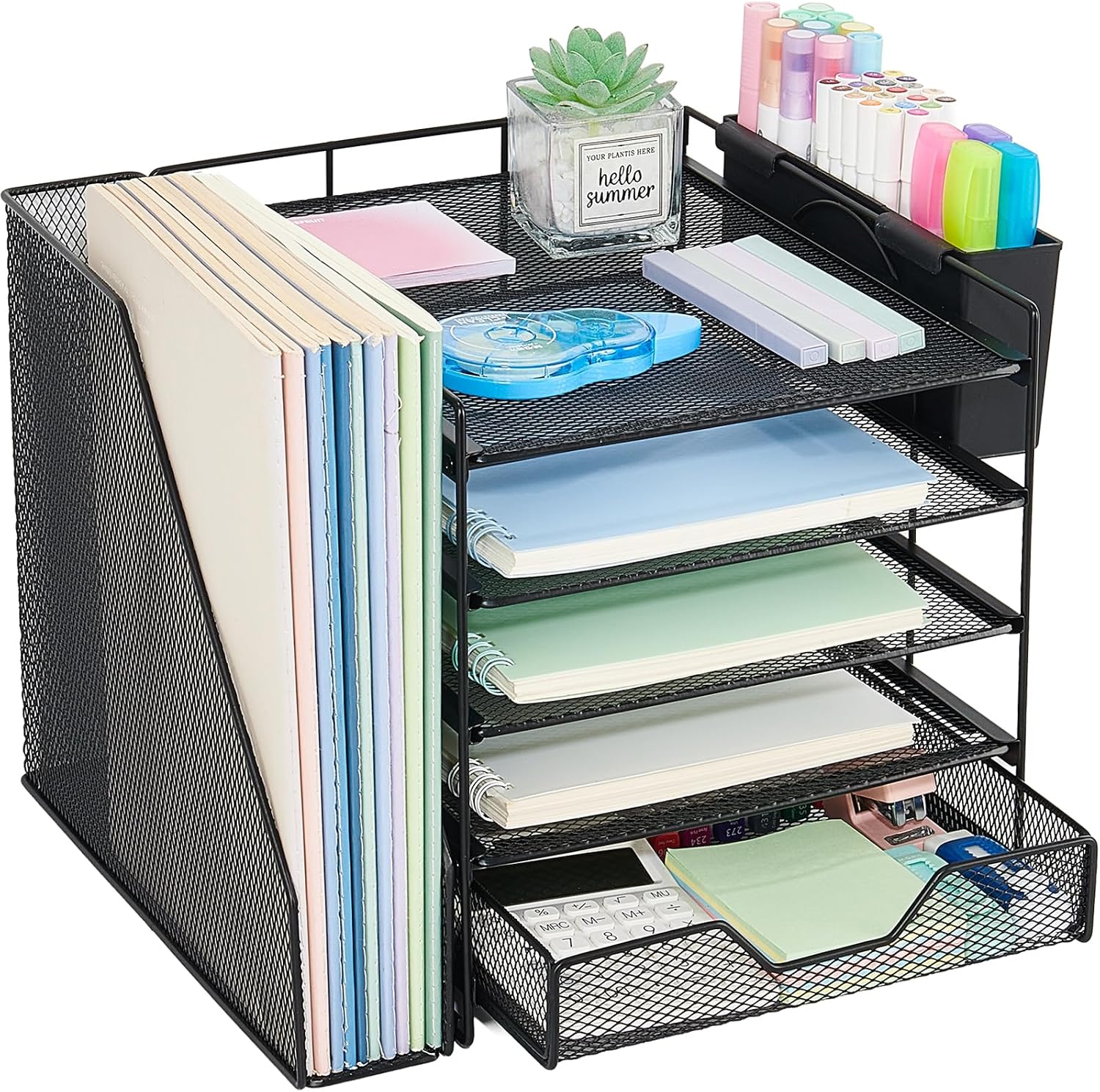 Desk Organizers and Accessories, 5-Tier Paper Letter Tray Organizer with File Holder, Drawer & Pen Holder, Office
