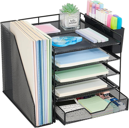 Desk Organizers and Accessories, 5-Tier Paper Letter Tray Organizer with File Holder, Drawer & Pen Holder, Office