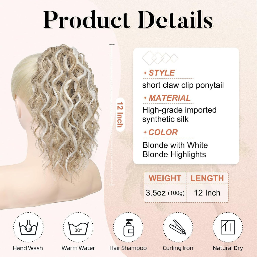 Ponytail Extension, 12" Short Claw Ponytail Extension Wavy Curly Jaw Clip in Pony tails Hair Extension Natural