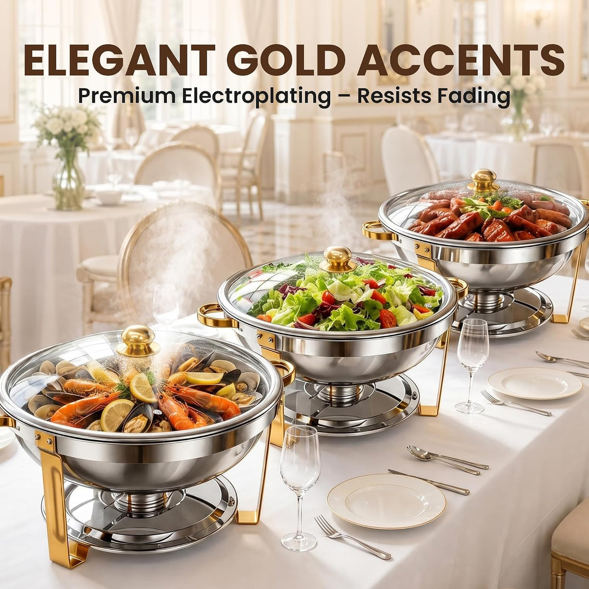 9QT Round Chafing Dishes for Buffet, 4 Pack Gold Chafer Set