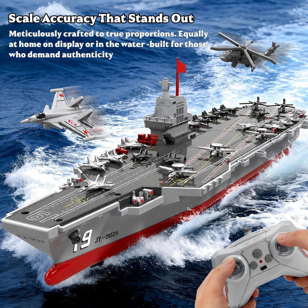 RC Boat with Water Spray, 16” Warship Battleship Aircraft Carrier with 2 Rechargeable Batteries, 15mph Dual-Motor