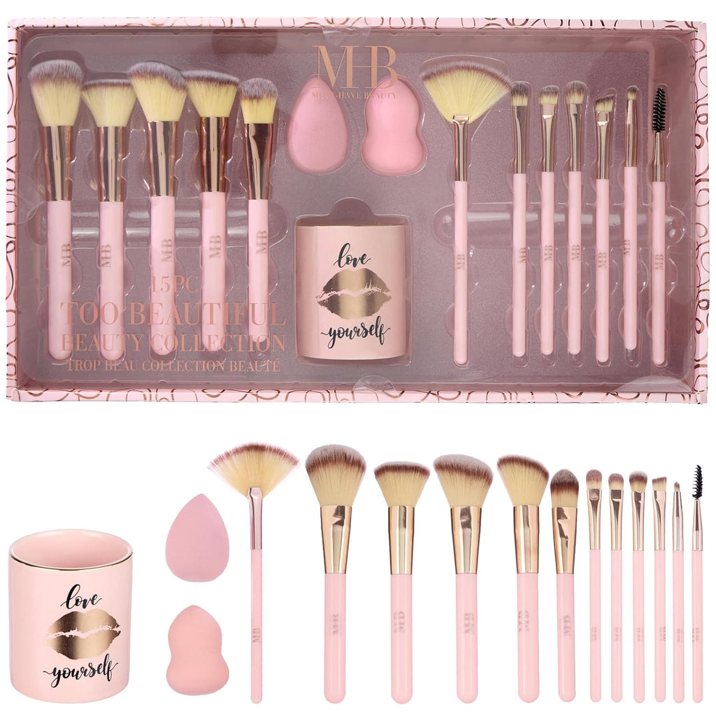 15pc Pro Beauty Brush Set - Makeup Brushes, Beauty Blenders, Spoolie