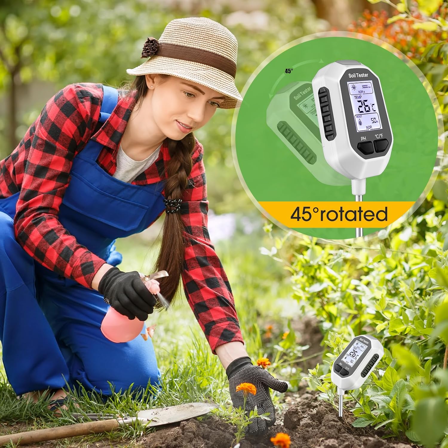 4-in-1 Soil Moisture Meter Digital Plant Temperature/Soil Moisture/pH Meter/Sunlight Intensity Backlight LCD Display