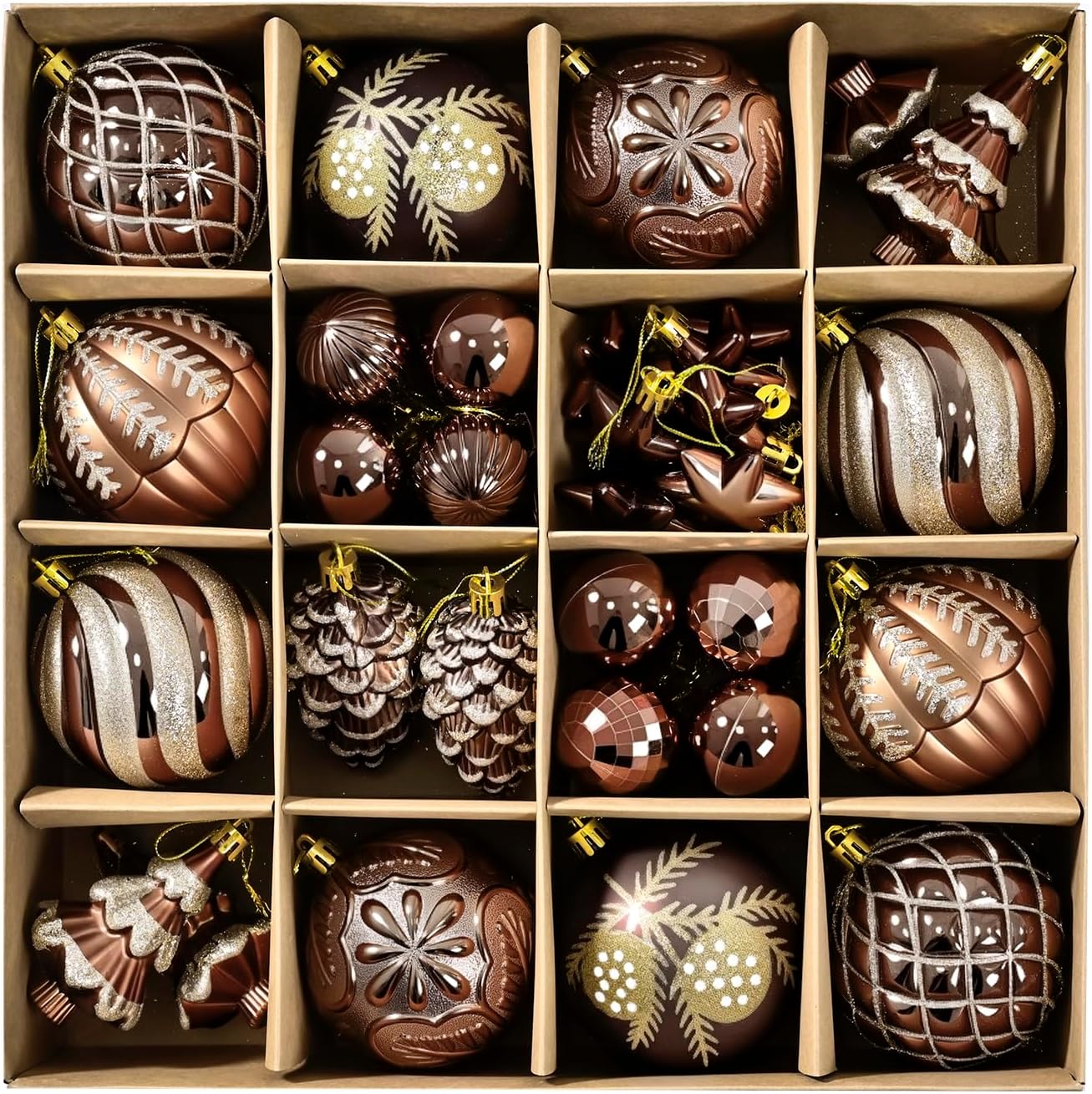 Christmas Ball Ornaments Set, 44ct 80mm Bronze Copper Gold Assorted Xmas Tree Ball Ornaments, Shatterproof Brown
