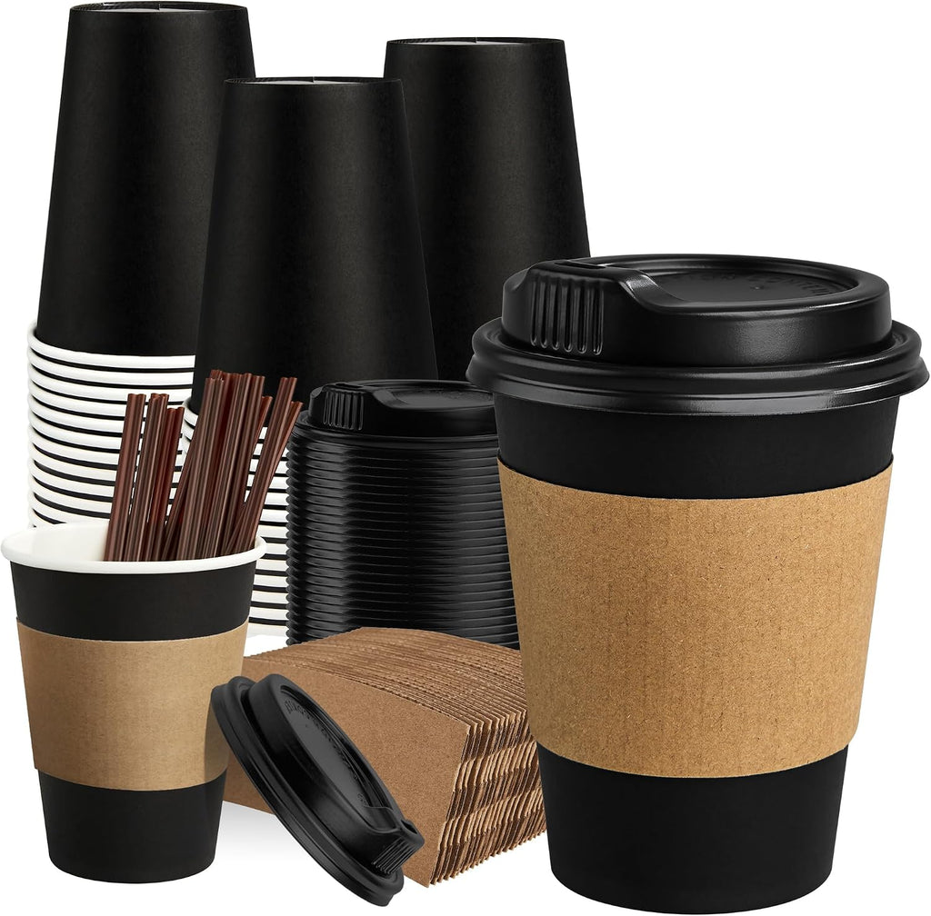 Coffee Cups with Lids 12 oz 100 Pack, Black Cups with Sleeves