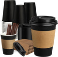 Coffee Cups with Lids 12 oz 100 Pack, Black Cups with Sleeves
