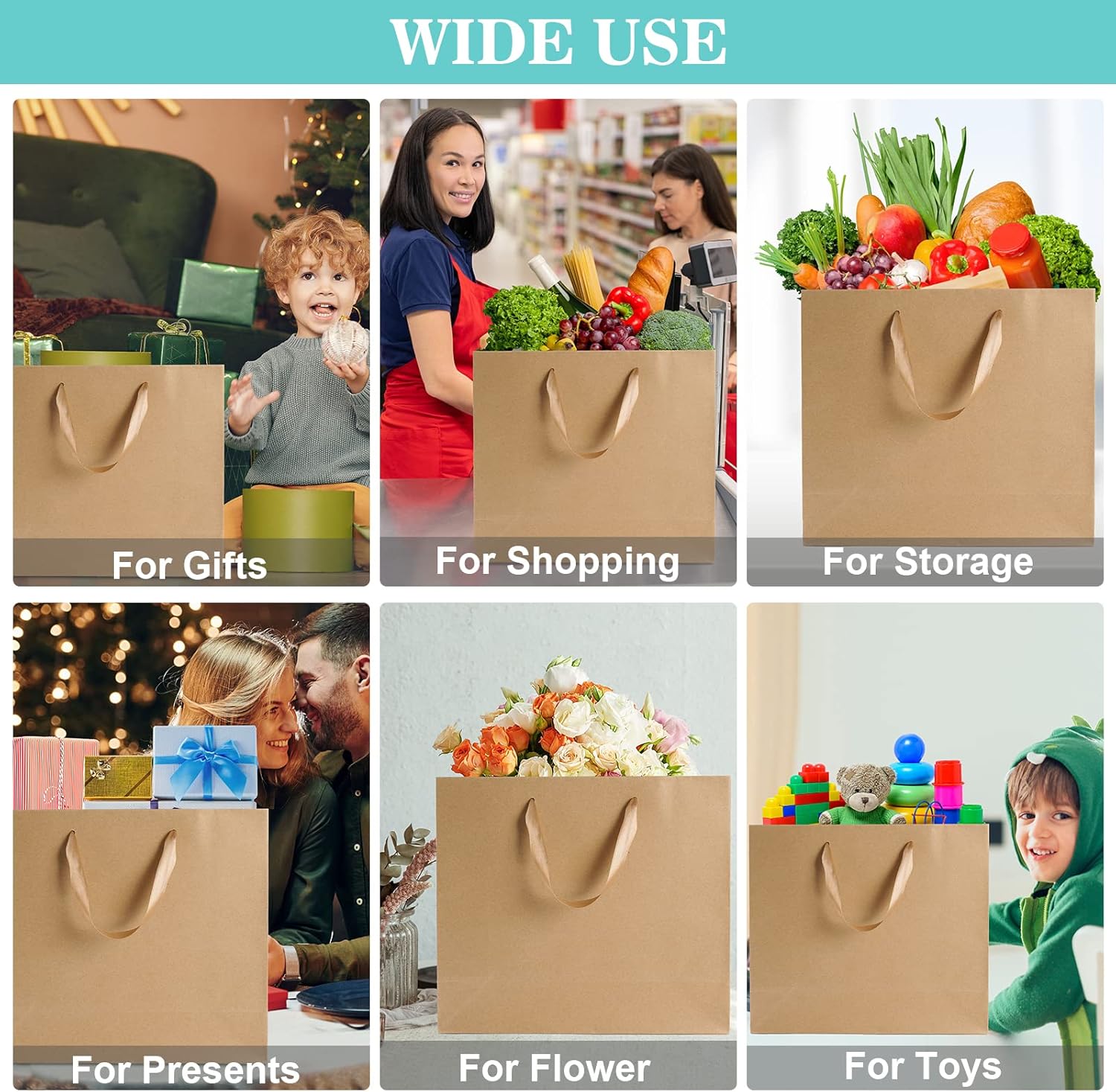 12.5" Large Brown Gift Bags for Presents with Tissue Paper & Ribbon Handles for Shopping, Small Business, Birthday