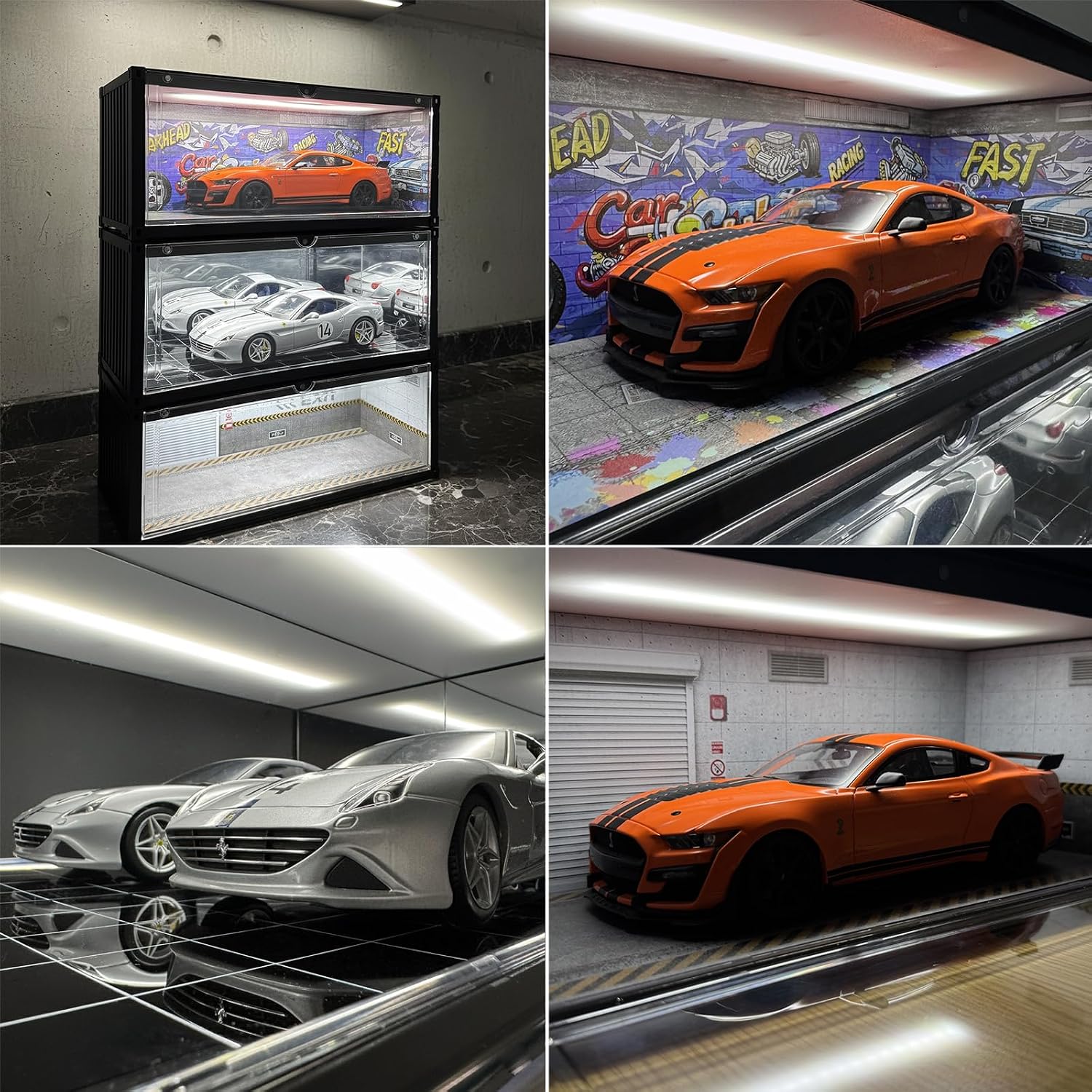 Display Case with LED Light for 1/18 Scale Model Car | Shipping Container Style Garage Diorama Show Case - Concrete