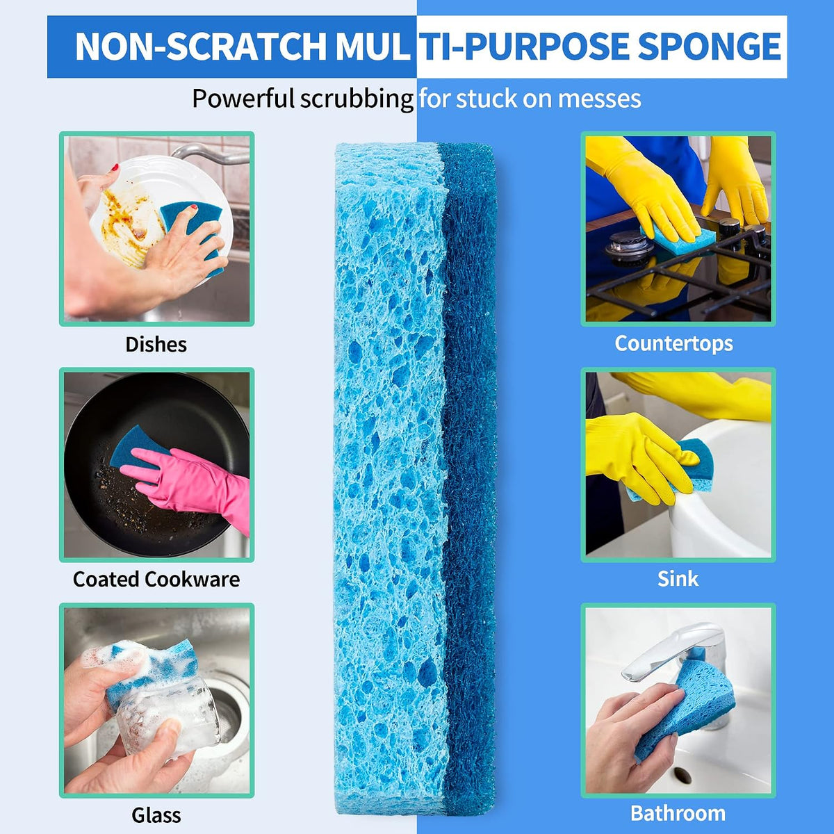 Non-Scratch Cellulose Scrub Sponges 12 Pack, Sponges Kitchen with Double-Side & Ergonomic Design for Dishes, Coated