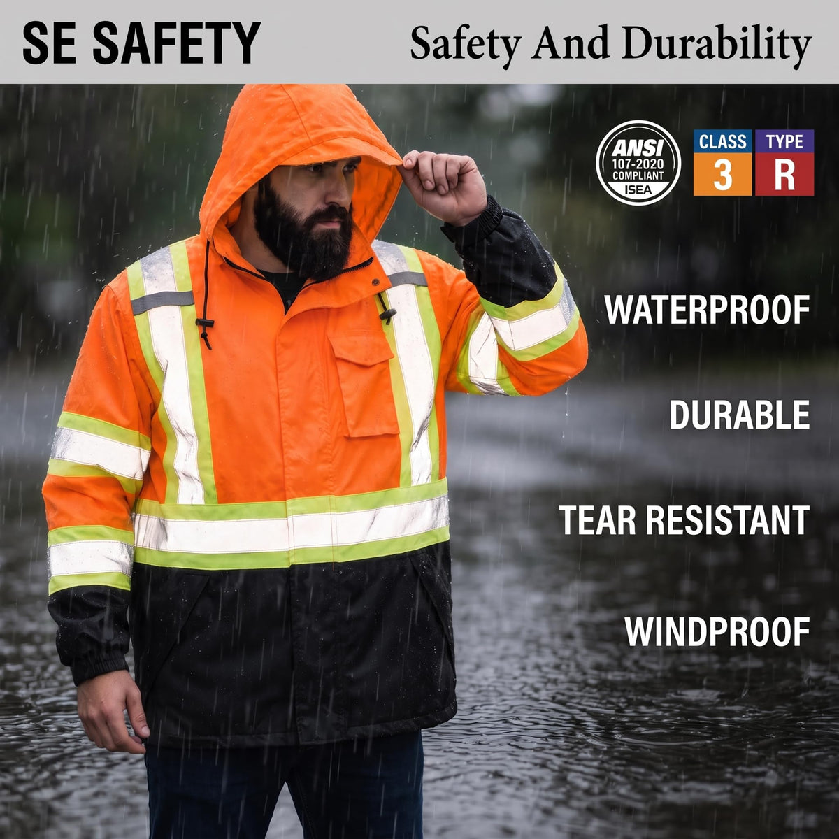 Hi Vis Rain Suit, ANSI Class 3 Rain Coat For Men Waterproof