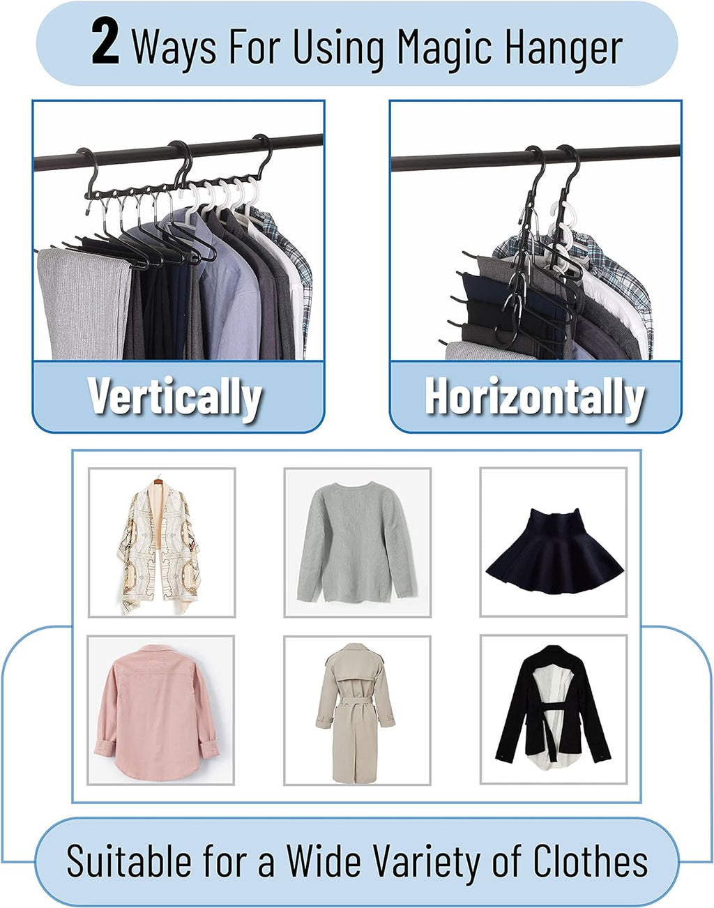 Space Saving Hangers, 8 pcs, 360° Rotating Hooks, Magic Cascading Hanger Organizer with 5 Enclosed Slots, Closet