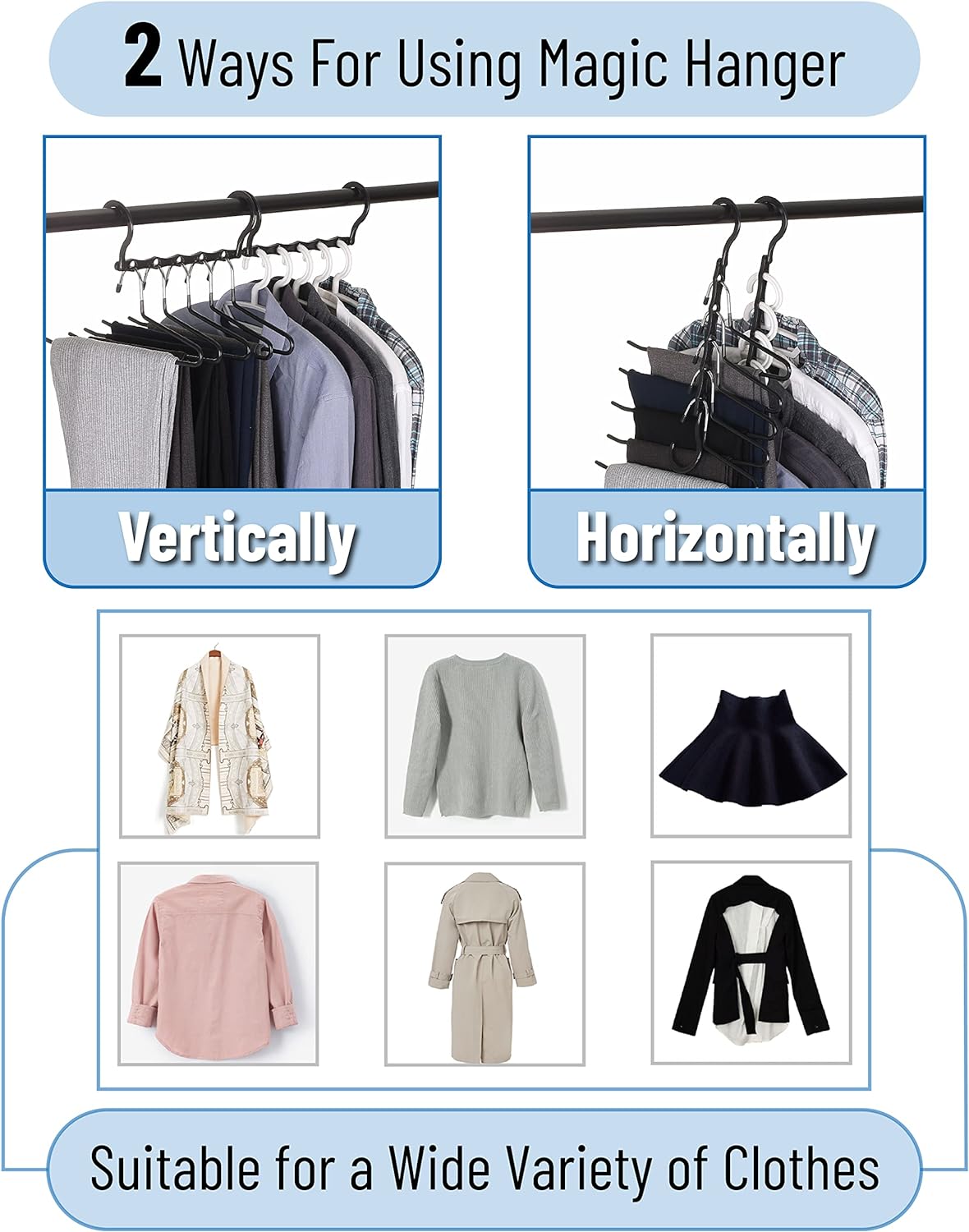 Space Saving Hangers, 8 pcs, 360° Rotating Hooks, Magic Cascading Hanger Organizer with 5 Enclosed Slots, Closet
