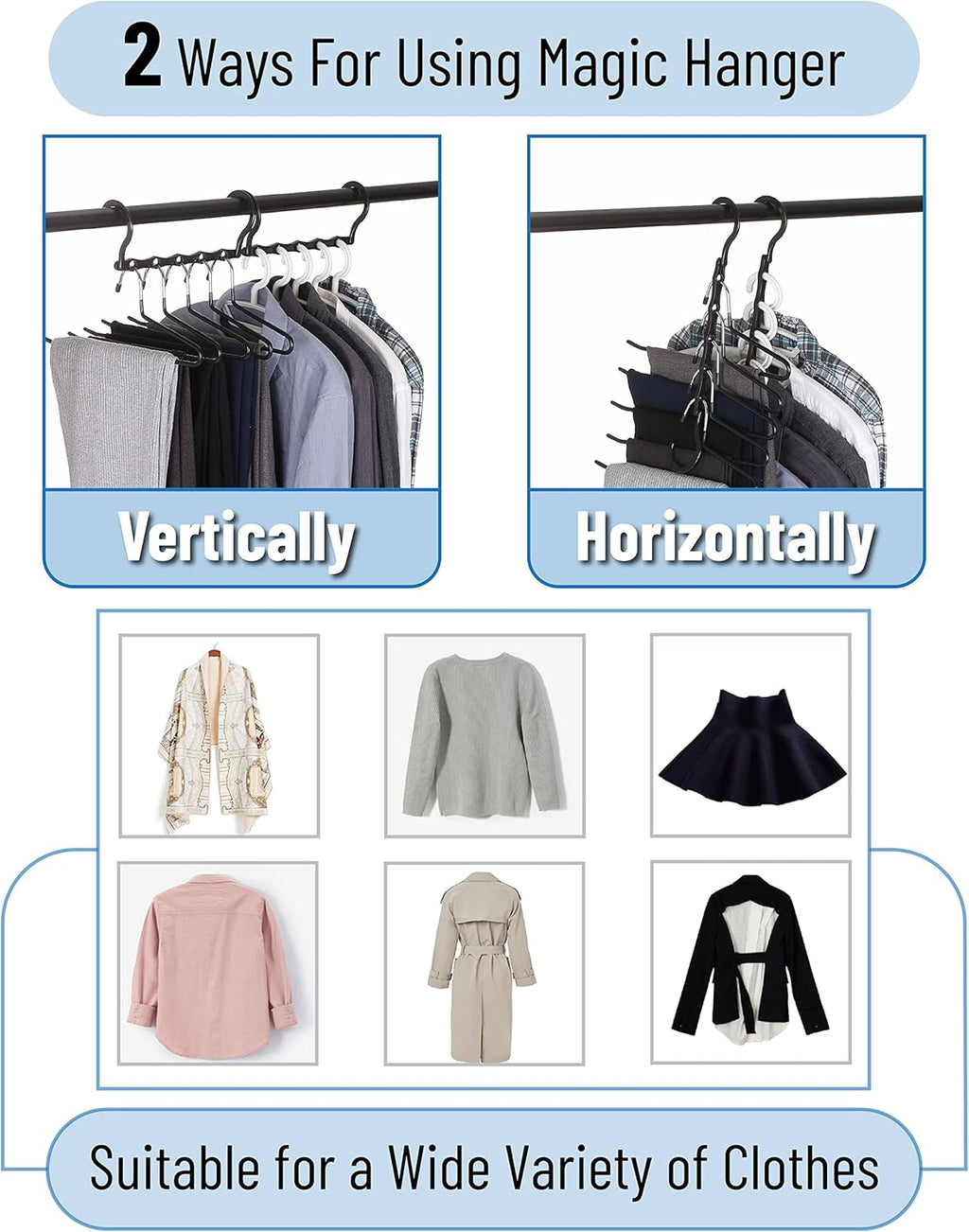 Space Saving Hangers for Clothes, 24 pcs, 5 Slots, Bulk Plastic, Collapsible Hangers with 360° Swivel Hook, Hanger