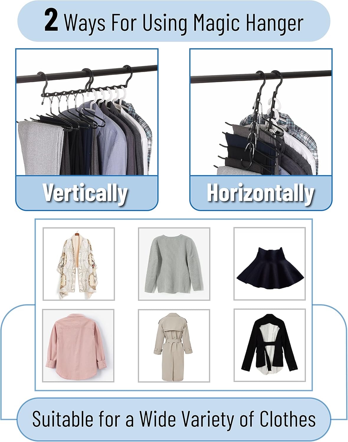 Space Saving Hangers for Clothes, 24 pcs, 5 Slots, Bulk Plastic, Collapsible Hangers with 360° Swivel Hook, Hanger