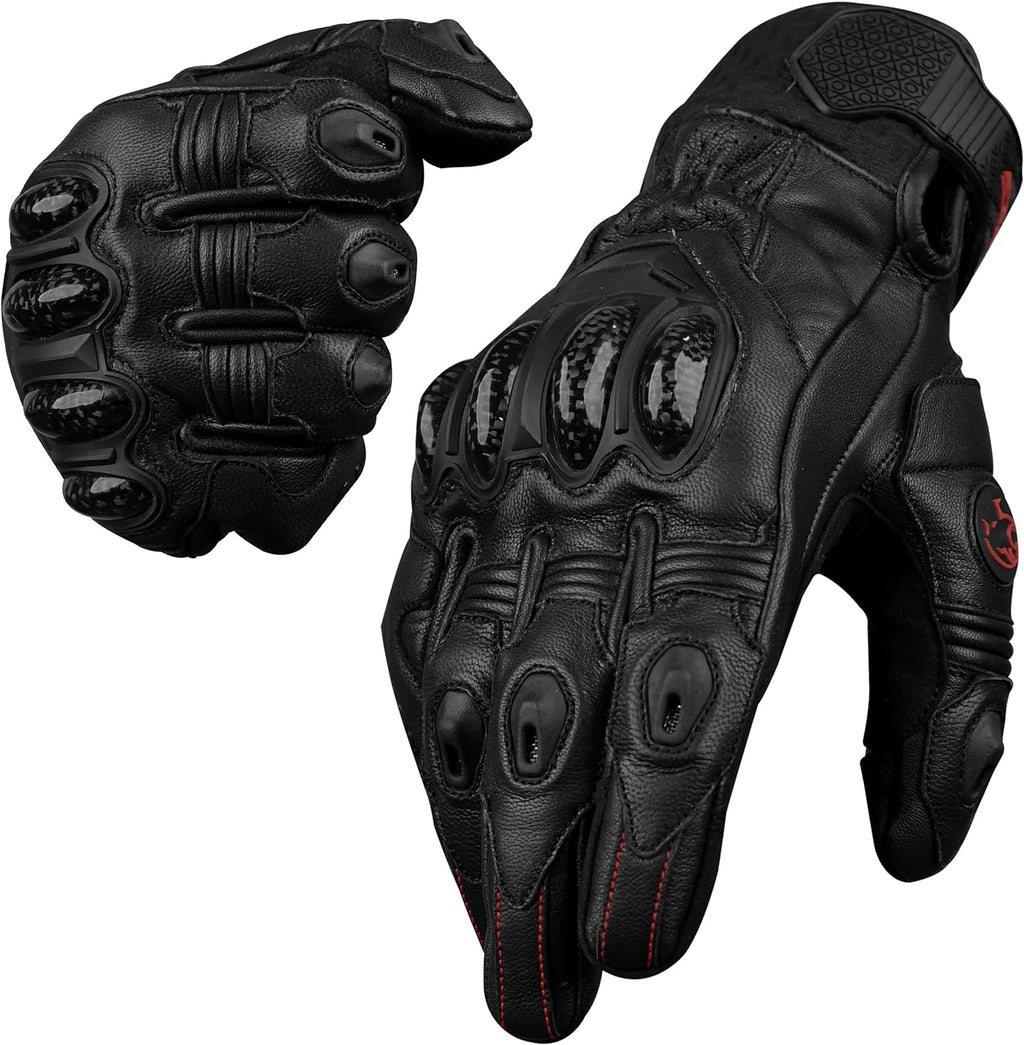 Leather Motorcycle Gloves for Men - Carbon Fiber Knuckle Protection, Motorbike Powersports, Dirt Bike, Touchscreen