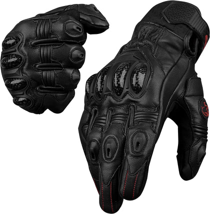 Leather Motorcycle Gloves for Men - Carbon Fiber Knuckle Protection, Motorbike Powersports, Dirt Bike, Touchscreen