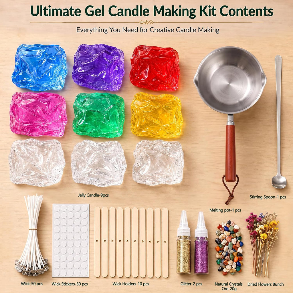 Jelly Candle Making Kit,9pcs Gel Wax -7 Colors Candle Making kit，Includes Wax Wicks Wick Stickers，Wooden Wick Holders