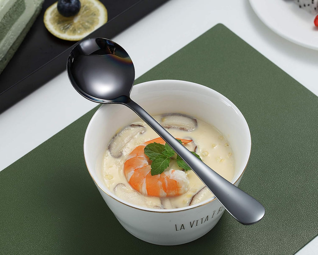 6-Piece Stainless Steel Round Spoons - Black Titanium Plated, Dishwasher Safe