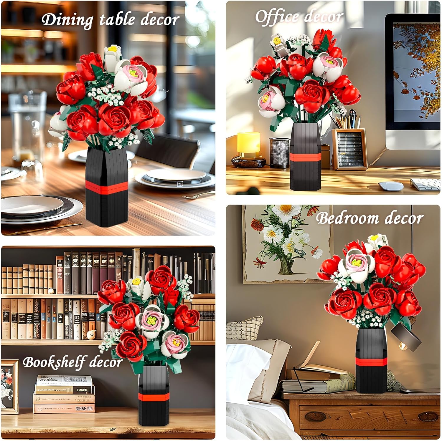Flower Bouquet Building Set, Artificial Roses Toy Building Set with Vase, Building Blocks Flower Brick Toys for Home