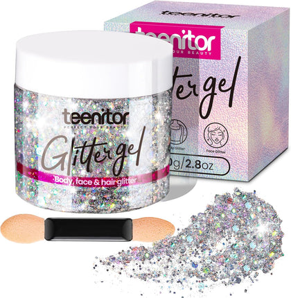 Body Glitter, Body Glitter Gel, Hair Glitter, Face Glitter, Holographic Chunky Makeup Silver Glitter Gel for Face