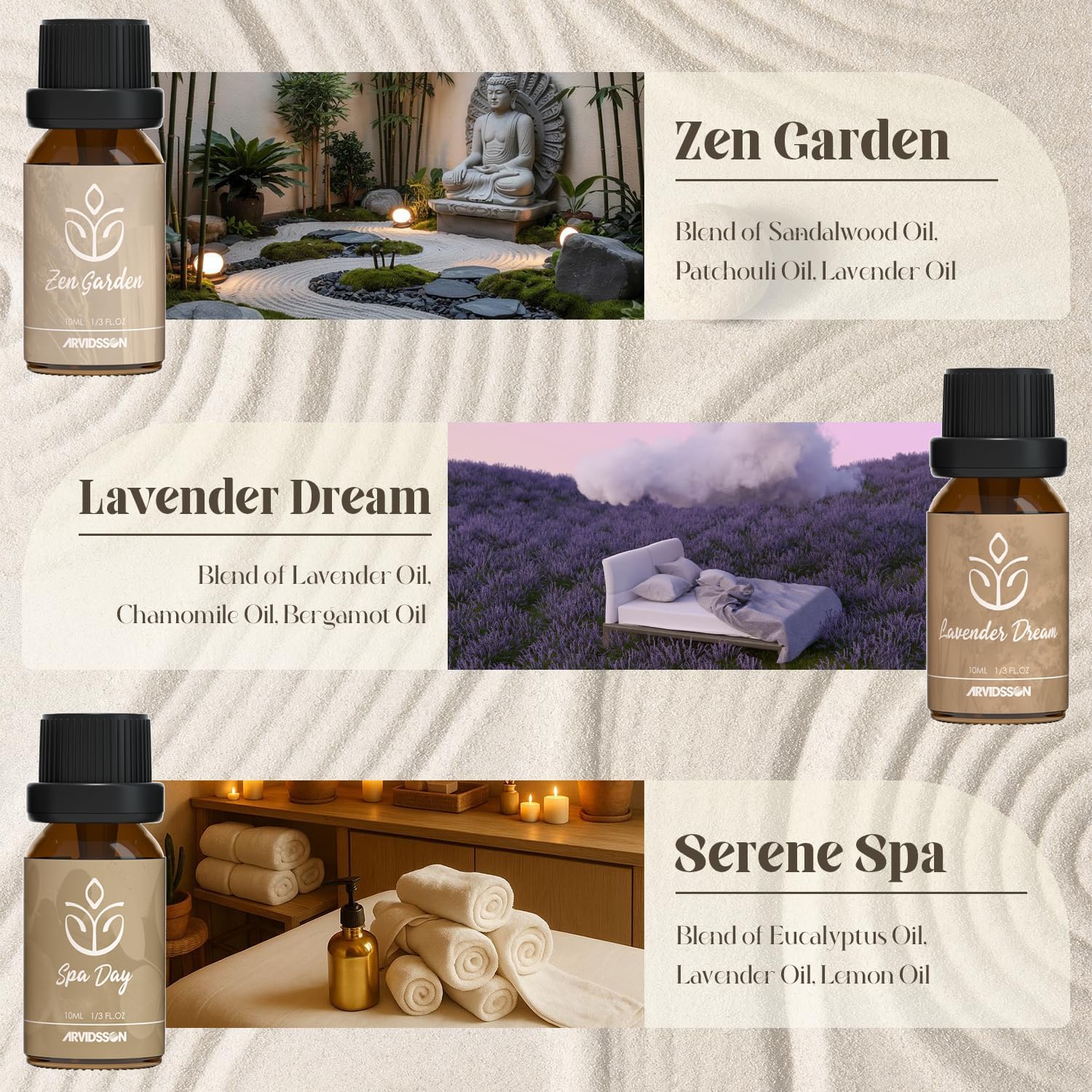 Zen Essential Oils Set, Nautal Tranquil Essential Oil for Diffusers for Home - Zen Garden, Lavender Dream, Serene