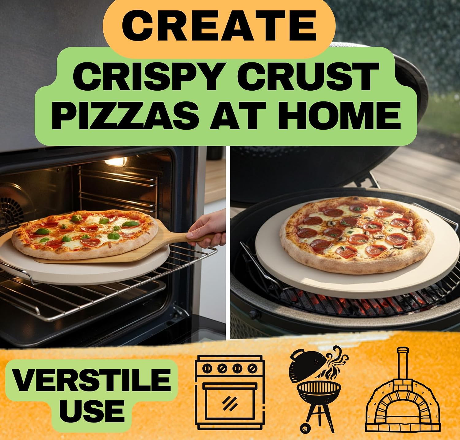 Large Pizza Stone for Oven 16 inch - Round Pizza Stone for Grill with Handles, Wood Pizza Peel and Cutter Set
