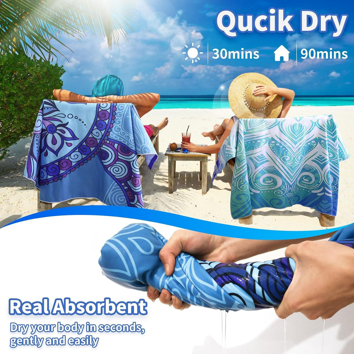 Beach Towels Oversized - 2 Pack 71"x 39" 250GSM Microfiber Beach Towels for Adults, Lightweight Quick Dry Absorbent
