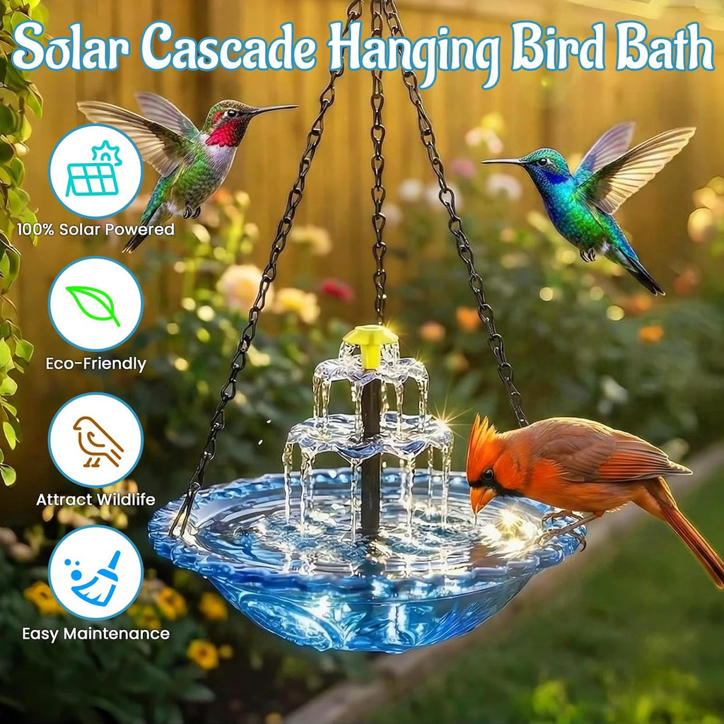 Solar Cascade Hanging Bird Bath Fountain, 3-Tier Hanging Solar Bird Bath with Detachable Solar Panel, 5ft Extension